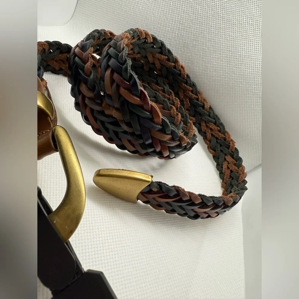 NWT Capezio Genuine Leather Braided Belt Brown Black Brass Buckle Made in Argent